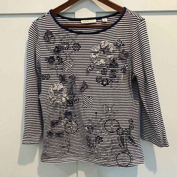 Coldwater Creek Top M Navy White Striped Mixed Media‎ Sequin 3D - Picture 3 of 11